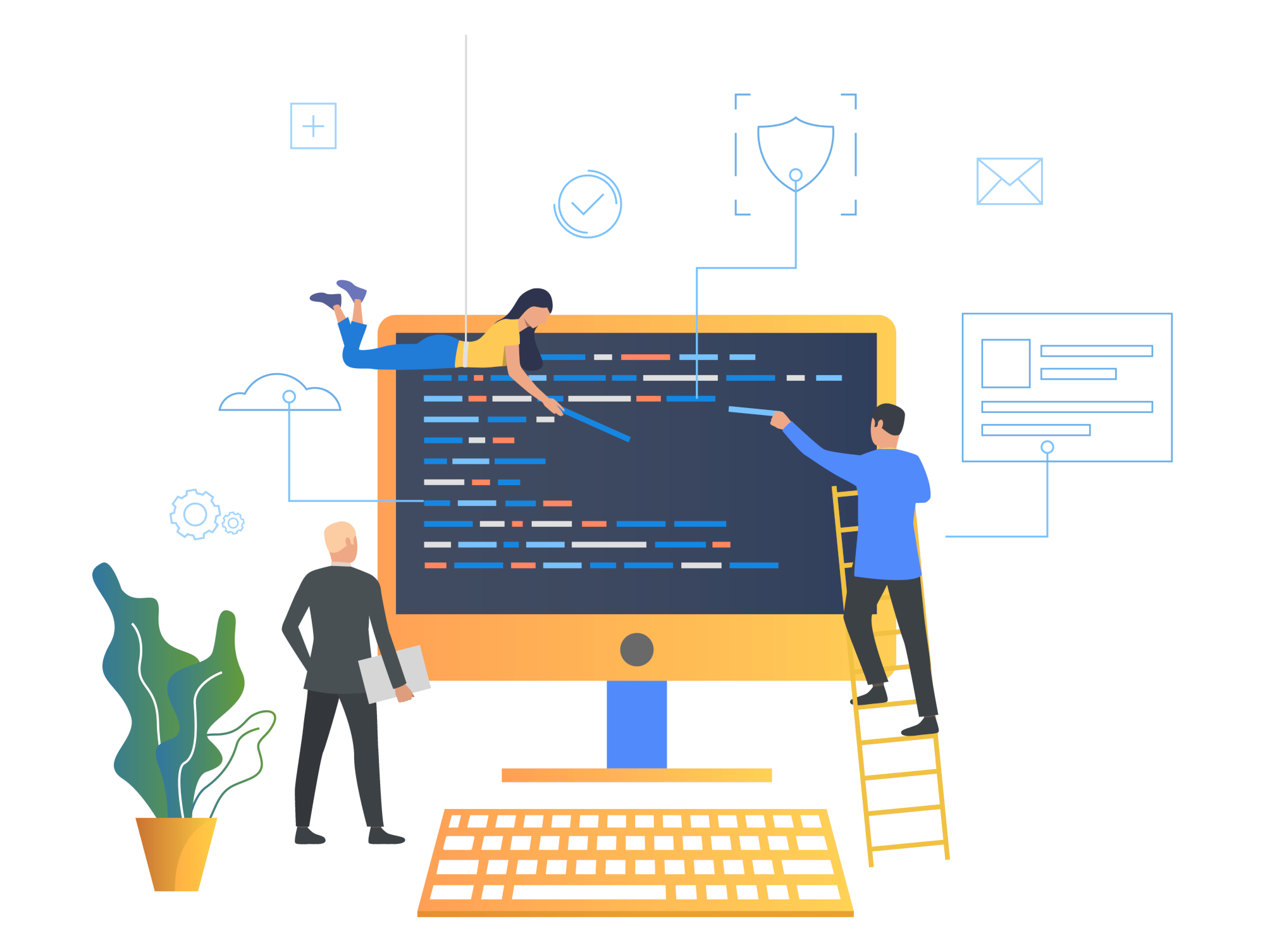 Developers planning architecture on a board